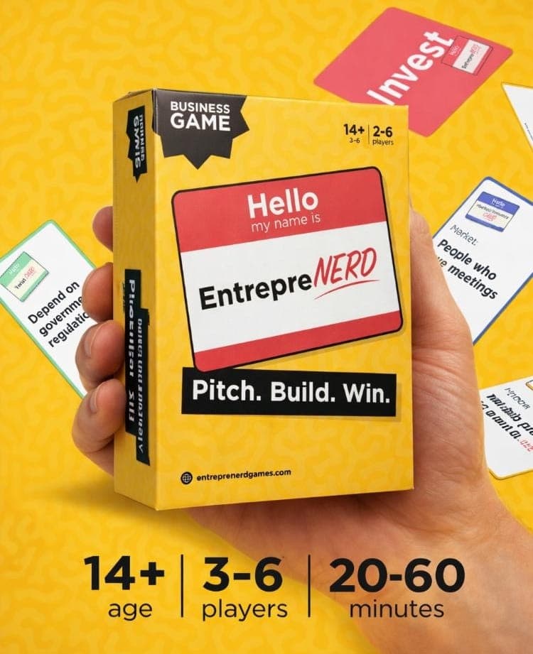 EntrepreNERD card game box held in hand, surrounded by Problem, Market, and Invest cards. Ages 14+, 3-6 players, 20-60 minutes.